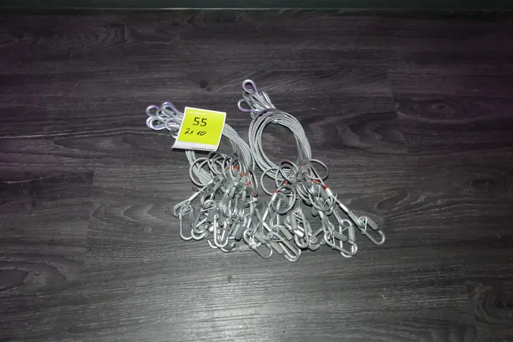 Sicherheitsfangseile/Sicherungsseile mit Karabinerhaken (2x je 10 Stück) je 3mm Ø, 60 cm Lang, 20kg Traglast